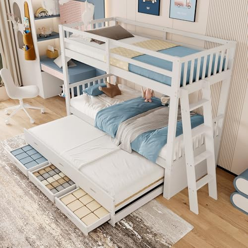 Litera individual sobre individual/matrimonial con escalera, cama nido individual y cajones, de madera maciza, convertible en dos camas individuales.