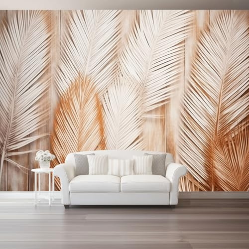 Papier Peint Panoramique 250 x 175 cm, Bohème Plantes Feuilles De Palmier Intissé Poster Papier Peint pour Chambre Salon Bureau TV Fond Chambre d'enfant Personnalisé Décoration Murale Beige