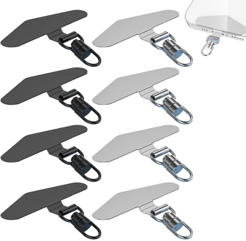8PCS Phone Tether Tags,Metal Cell Phone Lanyard Patch,Lanyard Pads,Mobile Phones Lanyards Attachment Clip,360 Degree Swivel No Tangle,for Most Mobile Phon Types(Black/Sliver)
