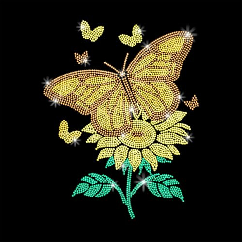 GOMAKERER 1 Stück Strass Transferfolie Mit Sonnenblumen, Schmetterling Zum Aufbügeln Blumen Aufbügler Dekorationsapplikationen Kristall Wärmeübertragungsaufkleber Für Kleidung Für T Shirt Mütze Jacke
