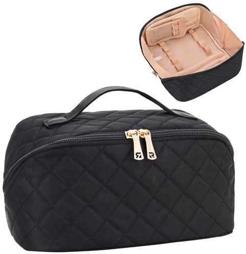 Relavel Travel Makeup Bag, Large Capacity Cosmetic Bag for Women, Waterproof Portable Makeup Pouch with Separate Makeup Brush Board, Wide Open Flat Toiletry Bag - Black
