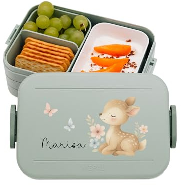 Bärenfreunde MEPAL Brotdose Spülmaschinenfest Kinder, Lunchbox mit Einsatz für perfekte Ordnung, Spülmaschine, Mikrowellengeeignet, personalisiert mit niedlichem Motiv (Reh, grün)