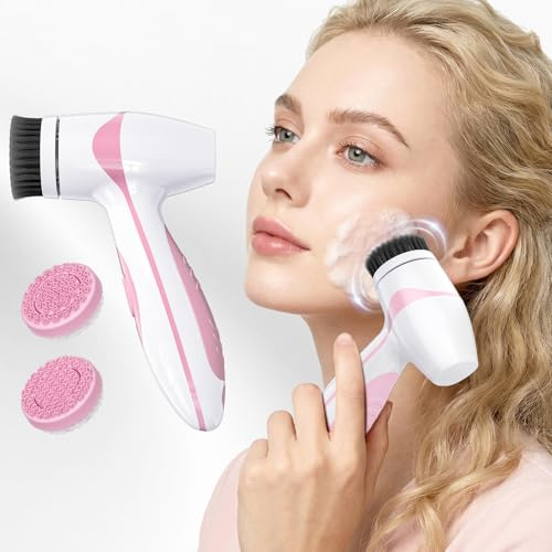 AuraBea Rechargeable Facial Cleansing Brush – Dual Rotating Electric Face Scrubber with 3 Brush Heads, Waterproof Exfoliator for Deep Cleansing, Valentine's Day Gifts for Her, Mom (Pink)