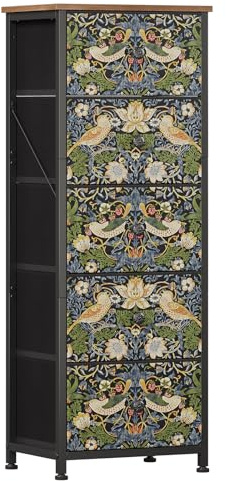 Welfuturer Hohe Kommode mit Schubladen, Stoffkommode mit 5 Stoffschubladen, Komodenschrank Schubladenschrank Aufbewahrungsschrank für Schlafzimmer, Wohnzimmer Flur, Vintage Stil mit Erdbeer-Vogelmotiv