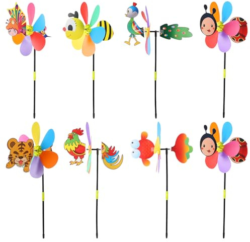 HOOTNEE Moulin à Vent pour Garçon et Filles Jouet Décoratif 8 Pièces Animaux Colorés Plastique Solide Extérieur Fête Jardin Pelouse
