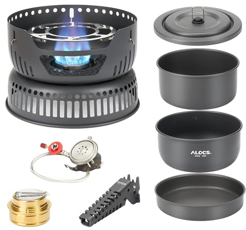 ALOCS Camping Cookware - 11 Piece Lightweight Camp Cooking Set with Portable Camping Stove & Gas Stove Burner - Durable Compact Camping Pot for Hiking Car Camping Vanlife RV