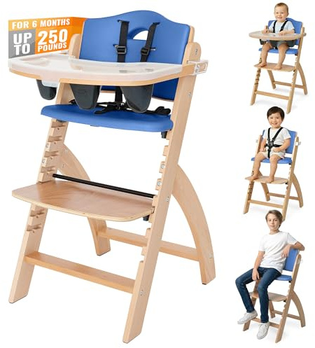 Abiie Beyond Chaise haute en bois avec plateau. La solution parfaite de chaise haute réglable pour bébé et tout-petit ou comme chaise de salle à manger. (6 mois jusqu'à 113,4 kg) (bois naturel -
