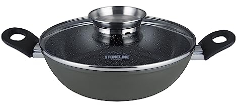 STONELINE Ceramic Servierpfanne 24 cm Hoher Rand Keramikpfanne Induktion Antihaft Pfanne mit Deckel, Keramikbeschichtung mit echten Steinpartikeln, PFAS frei, Für alle Herdarten, Backofengeeignet
