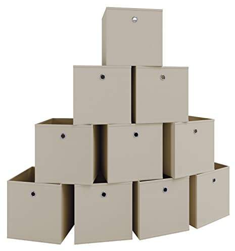 VCM 10er Set Faltbox | Klappbox Stoff Kiste | Faltschachtel | Maße ca. H. 28 x B. 27 x T. 27 cm | Regalbox - Boxas Weiß-Natur