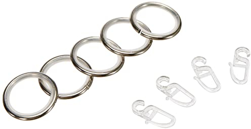 GARDINIA Gardinenringe für Gardinenstangen mit Ø 16 mm - 20 mm, Mit Gleiteinlage und Gardinenhaken, 10 Stück, Breite 4 mm, Kreta, Metall/Kunststoff, Edelstahl-Optik