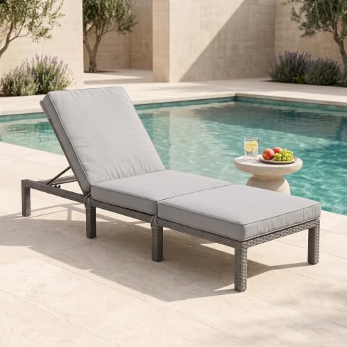EVRE Patio Rattan Sun Lounger Sun Bed Outdoor Garden Wicker Weave Reclining Day Bed with Adjustable Backrest, Padded Cushions (Grey)