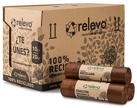 Relevo Braune Müllbeutel mit Zugband – 20L (B 45 cm x H 46 cm), 525 Beutel (35 Rollen × 15 Beutel) | Extra Starke Müllsäcke | 100% Recyceltes LDPE aus Gewächshäusern | Zertifiziert (Blauer Engel)
