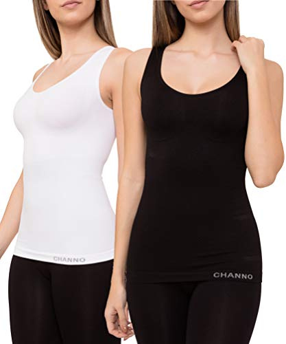 Pack de 2 Camisetas Interiores Reductoras con Tirantes Anchos sin Relleno Cómodas y Elásticas Seamless Sin Costuras (Blanco Negro, M/L)