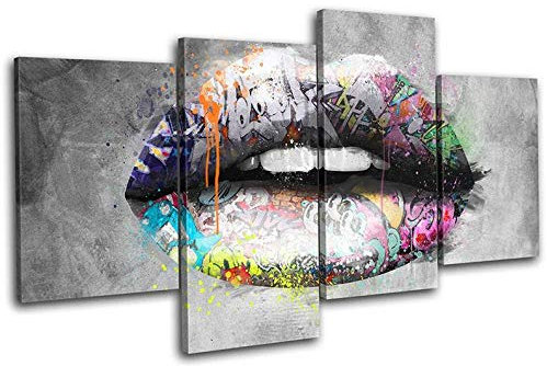 DDSDA 4 Teile Bild Auf Leinwand Leinwandbilder Graffiti Lips Urban Mode Bilder XXL 4 Teile wandbild leinwandbilder Kunstdrucke 4 Teiliges Wandbild Mit Rahmen