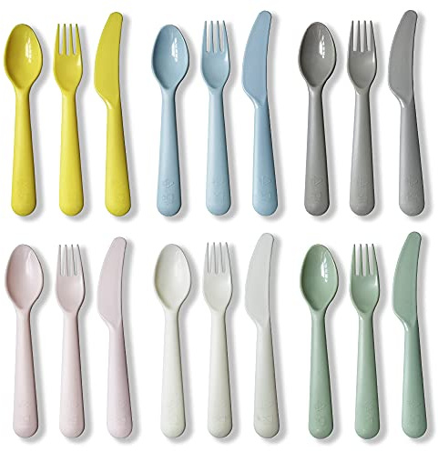Muulaii 18Pcs Plastic Toddler Utensils Set Kids Spoons Forks Knife Colored Baby Flatware Set Silverware Set Reusable Utensils BPA FREE Dishwasher Safe Cutlery