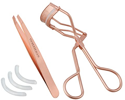 TWEEZERMAN Augenbrauen & Wimpern Set (Geschenkset mit Wimpernzange und Pinzette, Silikon-Pads), Roségold