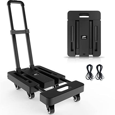 SOLEJAZZ klappbarer Handtransportwagen, tragbarer Transportwagen für Umzug, 227 kg Gepäcktransportwagen mit 6 Rädern und 2 Spanngurten für Gepäck, Reisen, Umzug, Einkaufen, Bürogebrauch, Schwarz