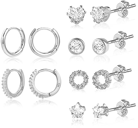 6/12 Paar Multipack Ohrringe Silber 925 Creolen Gold Ohrstecker Kleine Set | Multipack Stapelbar Ohrringe Set Damen Frau Kleine Knorpel Huggie Kreolen Creolen Eckig Oval Herz Ohrstecker mit Zirkon Stein