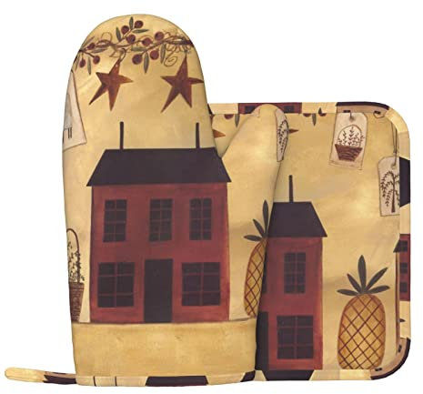Ensemble de gants de cuisine et maniques beige marron maison et fruits (18 cm x 28 cm) et manique (20 cm x 20 cm) pour barbecue, cuisson, grillade, micro-ondes, printemps et été
