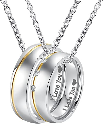 Banemi Pärchen Kette Silber, Paar Halskette mit Ring Kette Edelstahl Set Intarsiert mit 3 Zirkonen Und Eingraviertem I Love You Pärchen Geschenke