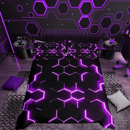 Boys Honeycomb Bedding Set for Kids Men Girls Modern Hexagon Theme Comforter Cover Purple Neon Decor Duvet Grid Art Bedspread Bedroom Collection 2Pcs Single