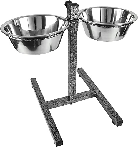 Raxter Dog Elevated Food Bowl Holder Set - Raised Cat Feeding Station Stand - Adjustable Height Pet Double Feeder - 2 Stainless Steel Water Bowls (Jumbo), Black