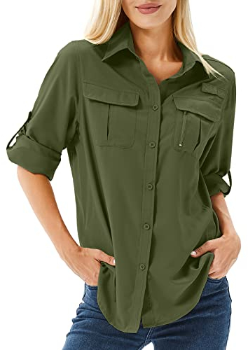 Toumett Damen UPF 50 Langarm Sonnenschutz Shirts Safari Angeln Wandern, Army Green, Klein