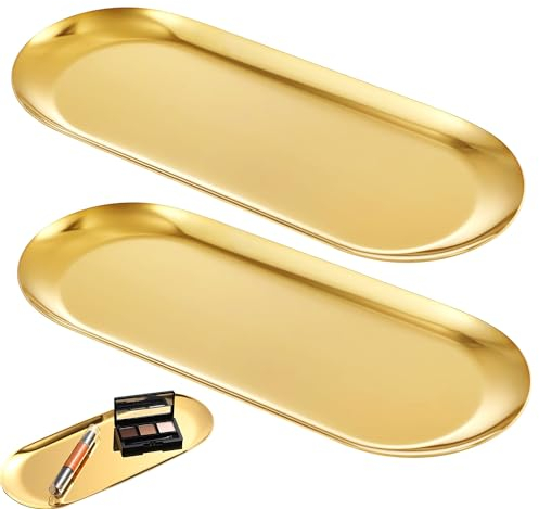 FAURAPMNG 2 Pcs Stainless Steel Decorative Tray, 22CM Length, Gold Oval Jewelry Dish Cosmetics Storage Organizer