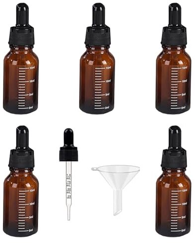 UpTuoLi Droppflaskor, 5 st droppflaskor i glas med 1 tratt, ögondroppflaska, glasflaskor med graderad pipett, läckagesäkra eteriska oljor, droppflaskor med uppmätt droppflaska