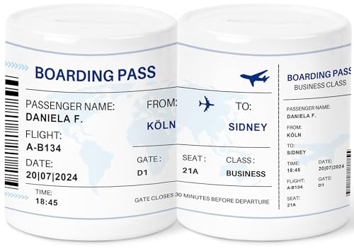 Urlaubskasse Flugzeug Spardose personalisiertes Flugticket Reisekasse Reise Geldgeschenk Verpackung Geschenk Urlaub Sparschwein aus Keramik (Blau)