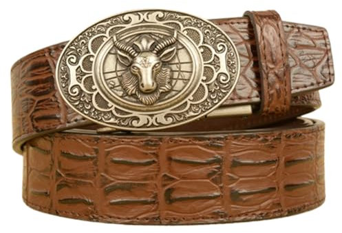 NALANY Herren Gürtel Ratsche Automatik Ledergürtel Mit Vintage-Gürtelschnalle Western Schaf Steinbock Silber Automatikschließe Für Business Anzug,35mm Breit(110cm/43, Brown)
