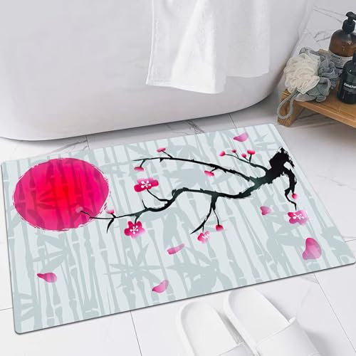 EMFSLA Alfombra de baño Shaggy de Microfibra,Fondo de Flor de Cerezo de Japón con bambú,Suave y cómoda, Agua súper Absorbente,60x90 CM