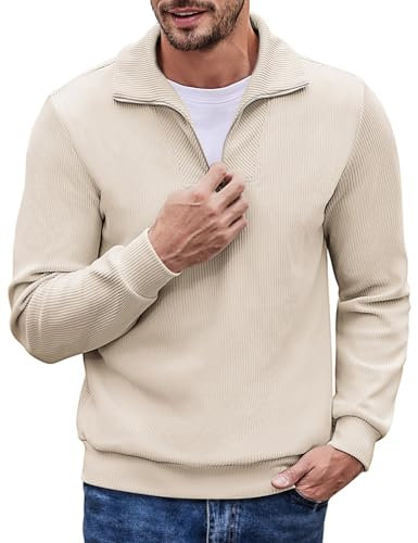 COOFANDY Herren Pullover mit Half Reißverschluß Pulli Langarm Business Troyer Beige M