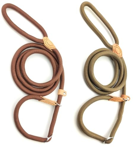 Durable Adjustable Nylon Training Lead Leash 1.5M Reflective Training Dog Lead Slip Rope Anti-choking Adjustable Pet Slip Lead for Small Medium Large Dogs and Cats (Coffee and khaki)