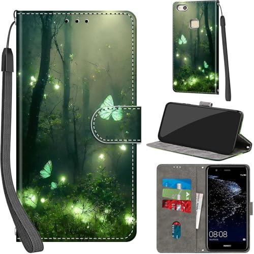 Handyhülle für Huawei P10 Lite Hülle PU Leder Schutzhülle Klappbar mit Kartenfach Ständer Handytasche mit Kameraschutz Flip Case Klapphülle für Huawei P10 Lite, Waldschmetterling