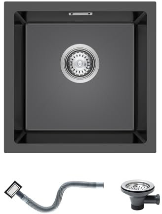 KINKIBOS Fregadero de cocina pequeño de acero inoxidable 304 de 35 x 40 cm, empotrable (sin tubo de drenaje), cuenco individual con rebosadero, gris y negro