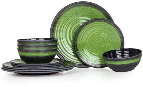 CampingPorslin av melamin för 4 personer 12 delar | diskmaskinssäkra | picknickporslinsset | Porslin campingsele I Stone Green design