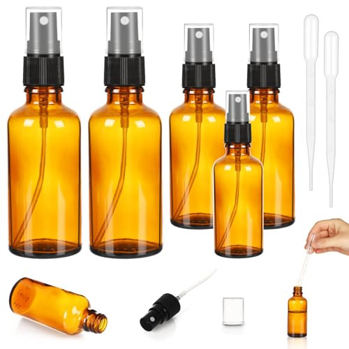 JULMELON Braunglas Sprühflasche 5 Stück - Nachfüllbarer Glasflakon 10ml 30ml 50ml mit Tropfern - Wiederverwendbarer Parfümzerstäuber für Wasser Öle