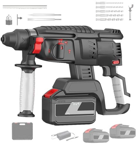 Marteau Électrique À 2 Batteries,Marteau Perforateur 880W,Marteau Burineur Robuste 980Tr/Min Avec Burin Plat,Pince De Perçage,Marteau Électrique À Fonction 4 En 1,4.0AH