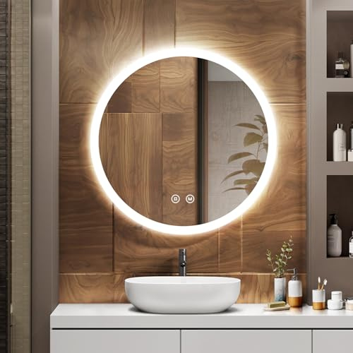 EMKE Badspiegel mit Beleuchtung Rund 70cm, Dimmbar, Beschlagfrei | LED Spiegel mit Beleuchtung, 3 Lichtfarben, Touch-Schalter, Badezimmerspiegel Rund Badspiegel, IP44