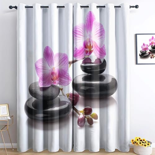 Gedruckte Blackout Vorhänge H245 x B75 cm (2er Pack) Energiesparende Vorhänge Thermo- und Schallschutzvorhänge für Schlafzimmer Spa-Steine Bedruckte Schwarz Rosa Vorhang