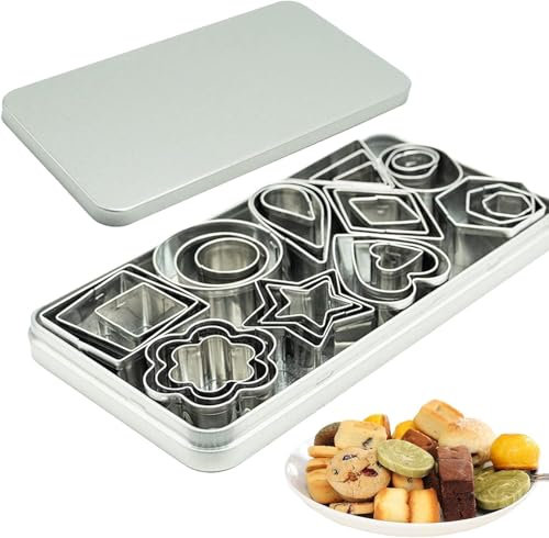 Mini-Ausstecher-Set - 30 kleine Formen zum Ausschneiden von Teig, Tortenkruste und Obst Rundes Herz Quadratisches Dreieck Ovaler Regentropfen Geometrische Cutter, Silber, Bringen Sie Einen Schaber