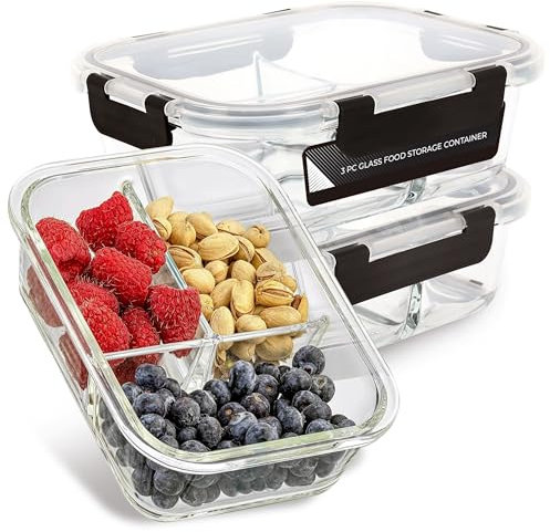 Top 3 Glass Food Storage Containers with Lids | 3 Pack Meal Prep Reusable Containers | Stackable Lunch Box with 3 Compartments | Airtight Silicone Sealed Lids
