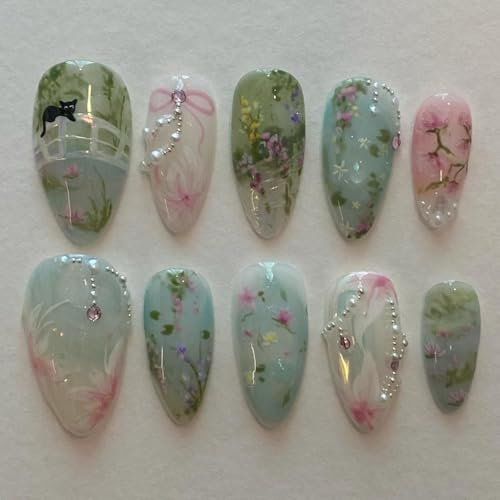 GlamRays Lot de 24 faux ongles à presser en forme d'amande - Motif nœud bleu vert moyen - Ongles à colle - Motif chat mignon - Ongles en acrylique - Fabriqués à la main - Couvrance complète