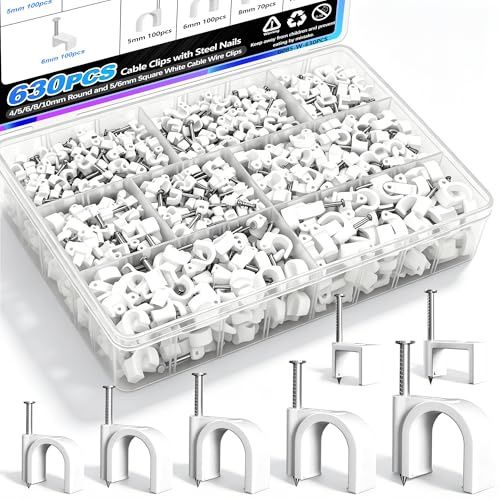 mxuteuk Stk Kabelschellen Nagelschellen, 4/5/6/8/10 mm Rund und 5/6 mm Quadrat Kabelklemmen mit Nagel,Drahtwandklemmen, RG6 RG59 CAT6 RJ45 Kabelklemmen（630PCS ）
