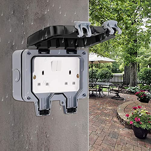 CROWNSHOP Outdoor Sockets 13Amp Waterproof Double Sockets IP66 Rated Plug Socket Box Weatherproof Switched Power Socket Wall Electrical