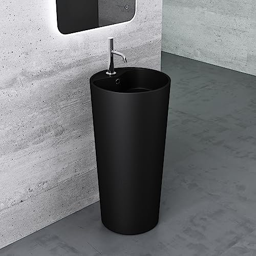 Mai & Mai Lave Mains Colonne Évier Vasque sur Pied 45x45x90cm en Résine De Synthèse Noir Mat Rond Avec Perçage Pour Robinet Lavabo Avec Trop-Plein À Poser Au Sol Col35