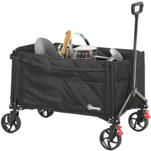 Outsunny Festival Trolley on Wheels, 150L Folding Camping Trolley Cart with Openable Sides, Adjustable Handle and Brakes for Shopping Beach Garden Fishing, Black