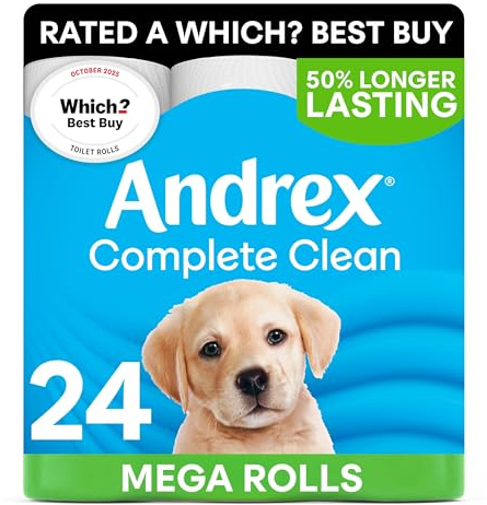 Andrex Complete Clean Toilet Roll - 24 Mega Toilet Rolls | = 36 Standard Toilet Rolls, Bulk Buy, Complete Clean, Complete Confidence and endorsed as a Which? Best Buy
