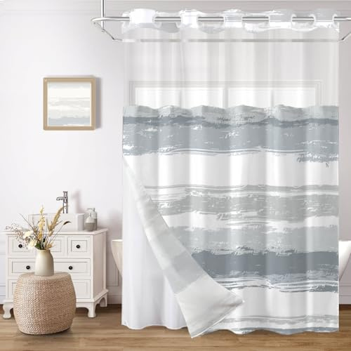 CTOTSYC No Hook Shower Curtain and Liner Set, Grey and White Striped Hotel Shower Curtains for Bathroom, Minimalist Waterproof Bathroom Curtain Sets with Snap in Liner Mesh Top Window, 71x74 Inch
